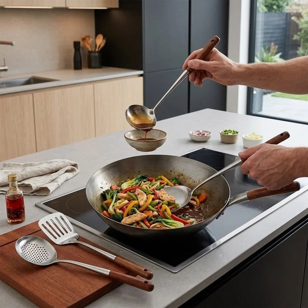 4pc Set Stainless Steel Cooking Utensils with Wooden Handles