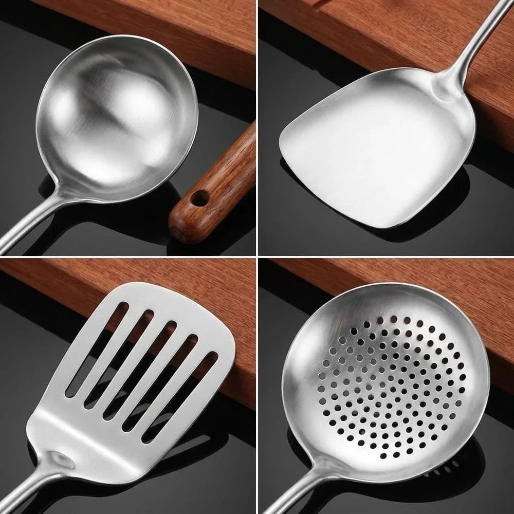 4pc Set Stainless Steel Cooking Utensils with Wooden Handles