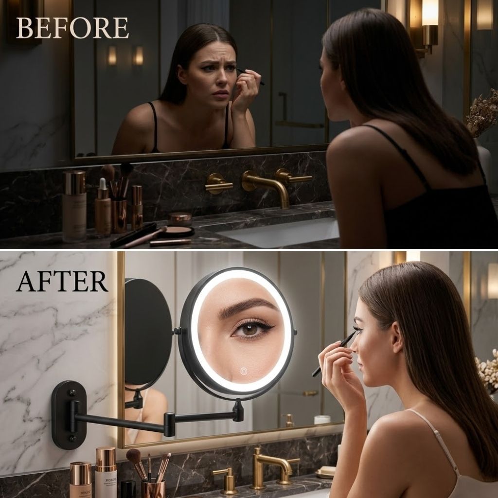 Black Rechargeable LED Mirror – Ideal for Makeup & Bathroom Use