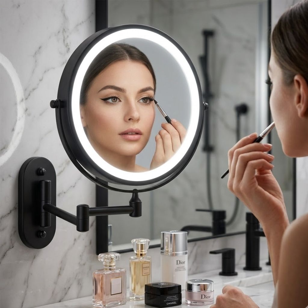 Black Rechargeable LED Mirror – Ideal for Makeup & Bathroom Use