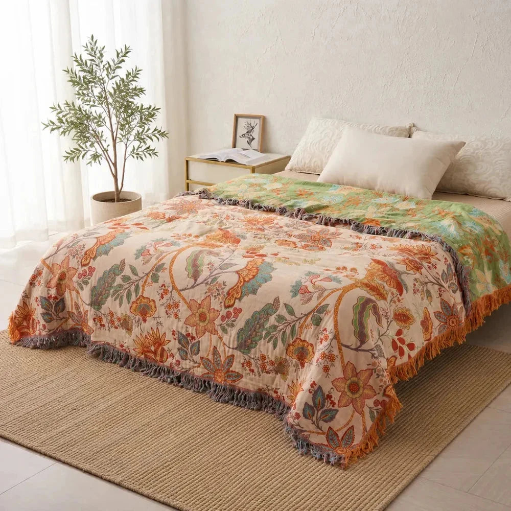 Cotton Floral Throw Blanket – Rustic Boho Fringe