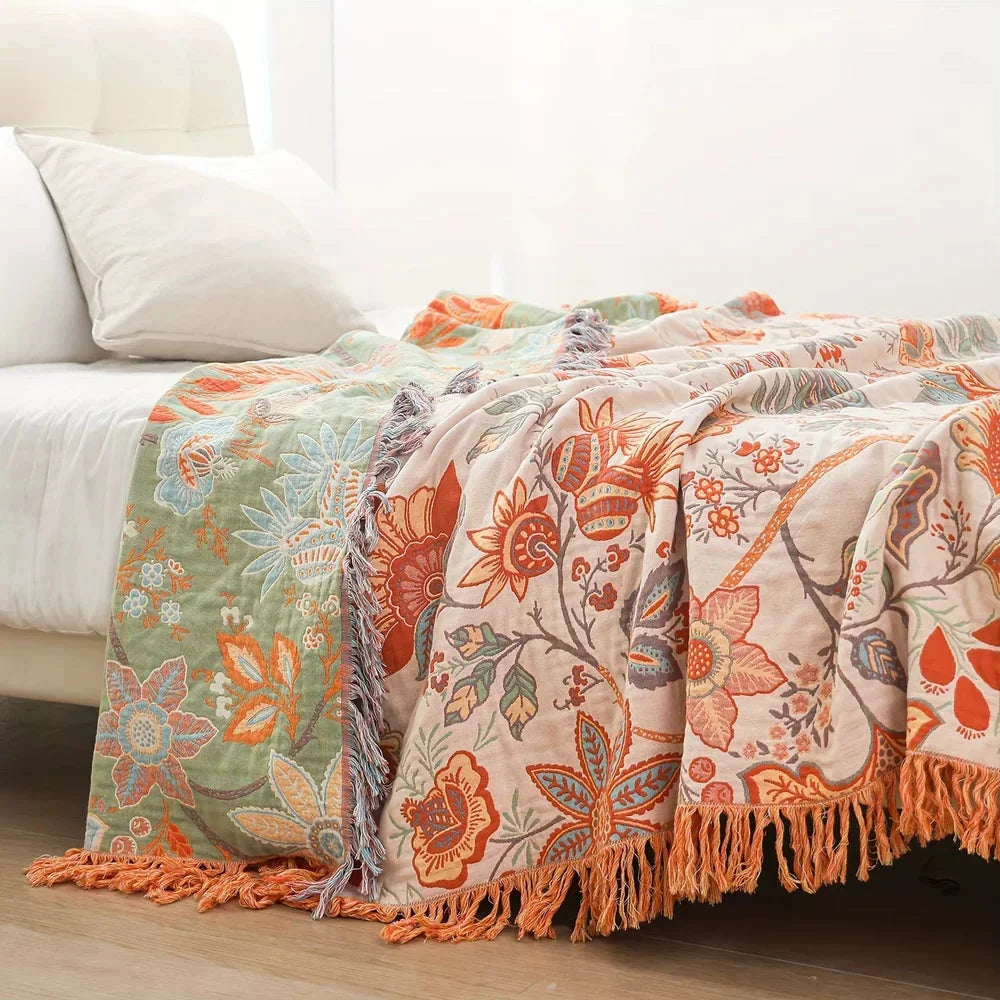 Cotton Floral Throw Blanket – Rustic Boho Fringe