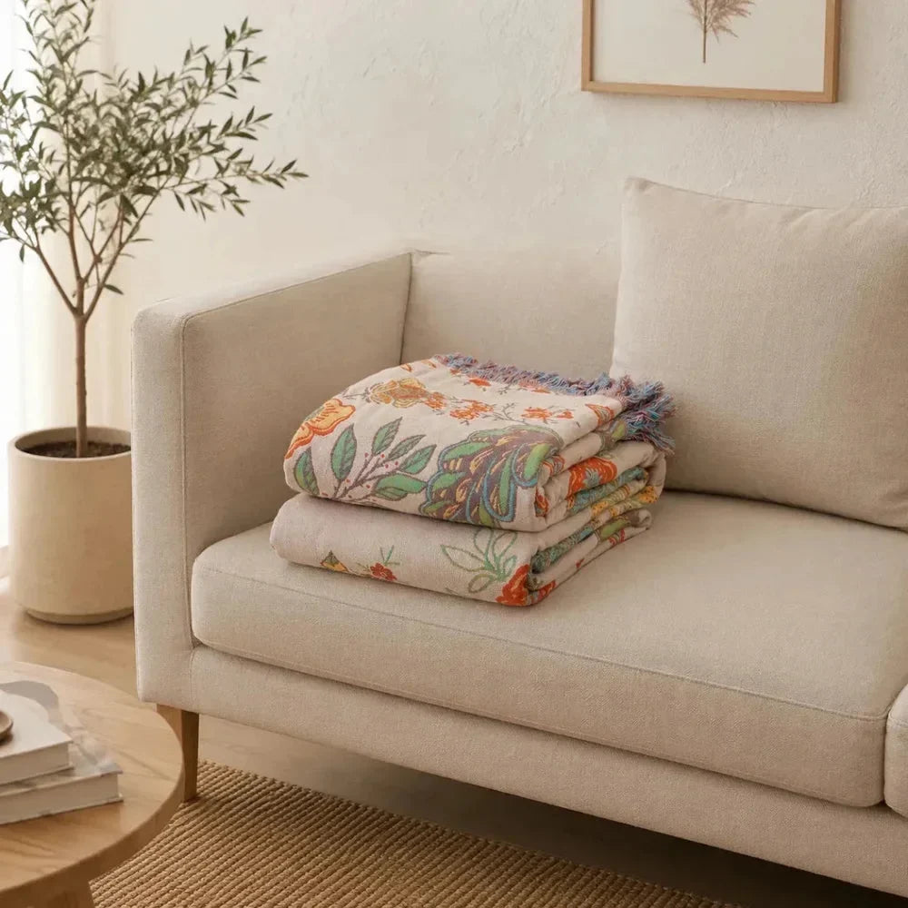 Cotton Floral Throw Blanket – Rustic Boho Fringe
