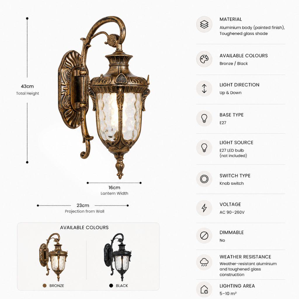 European Retro Outdoor Wall Lamp E27 Toughened Glass