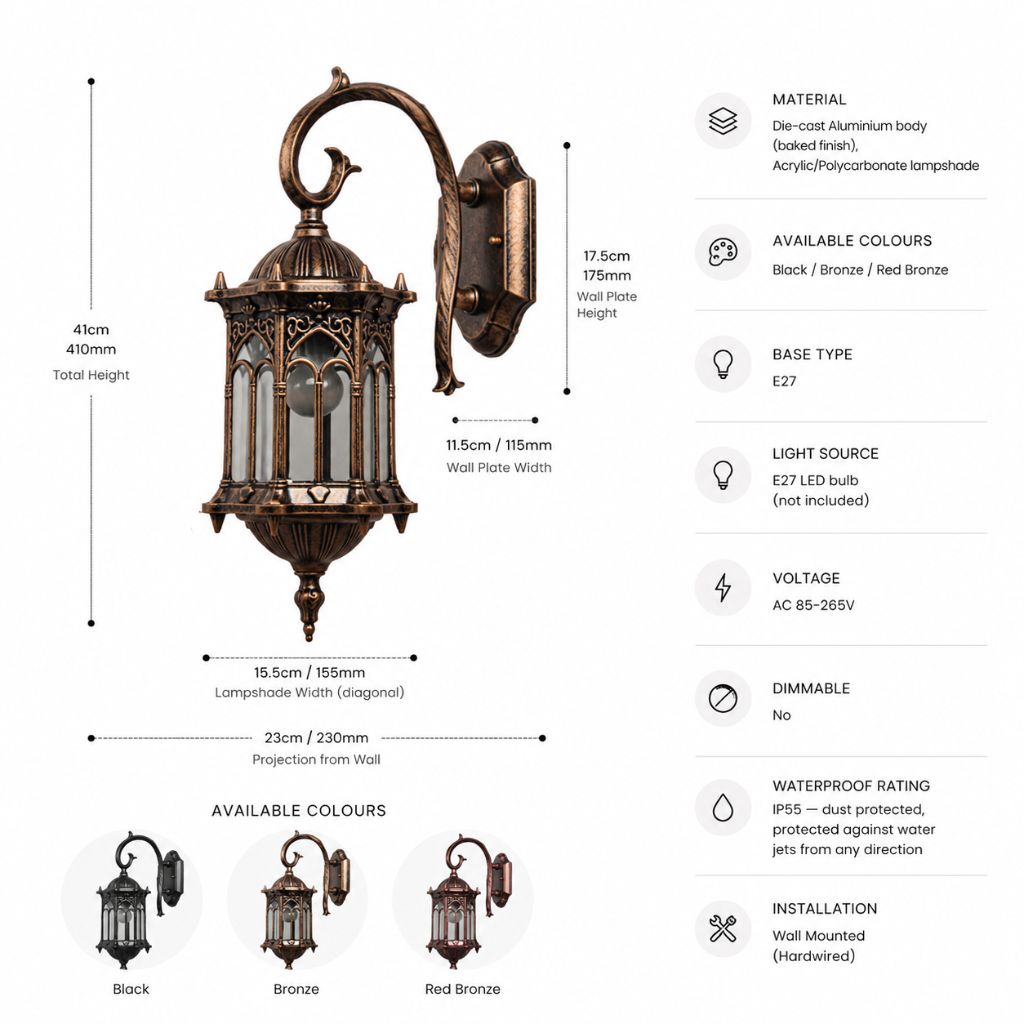 European Style Outdoor Wall Lamp E27 IP55 Retro Aluminium Courtyard