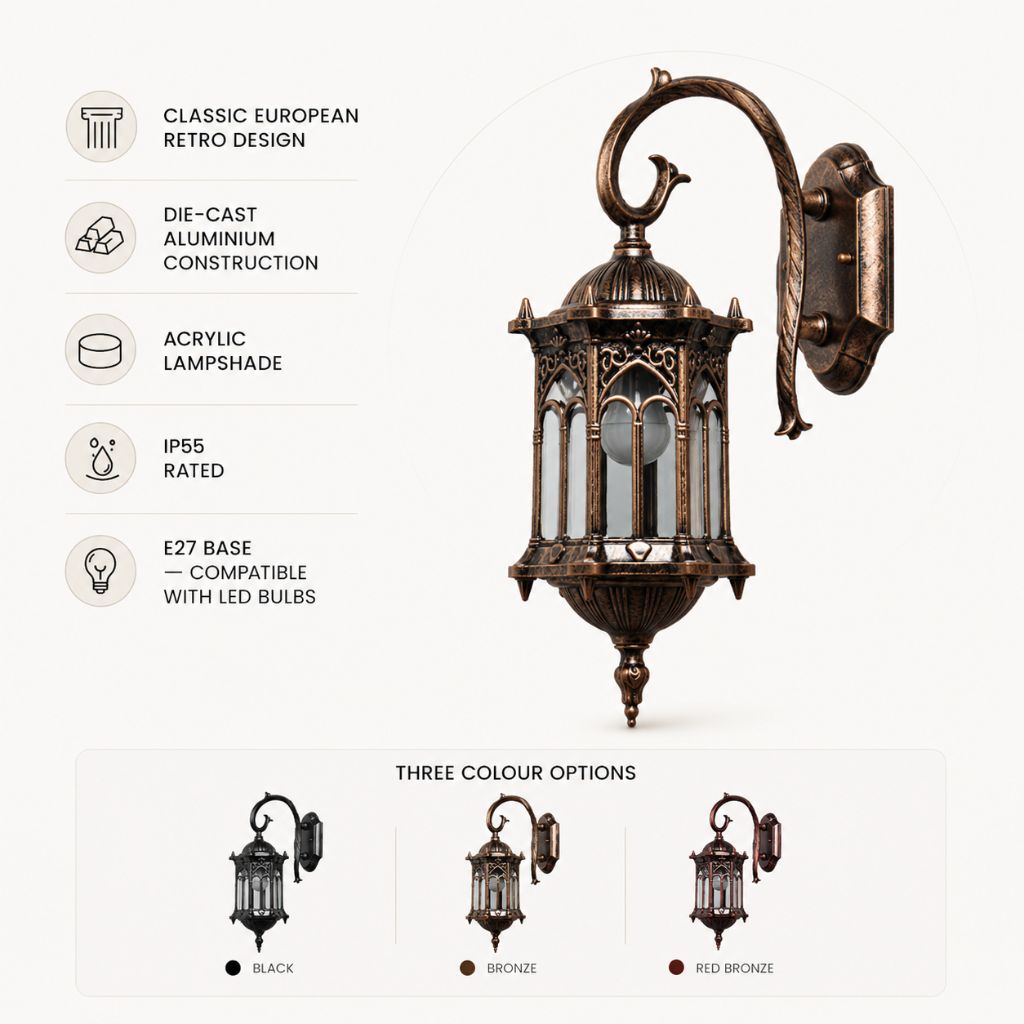 European Style Outdoor Wall Lamp E27 IP55 Retro Aluminium Courtyard