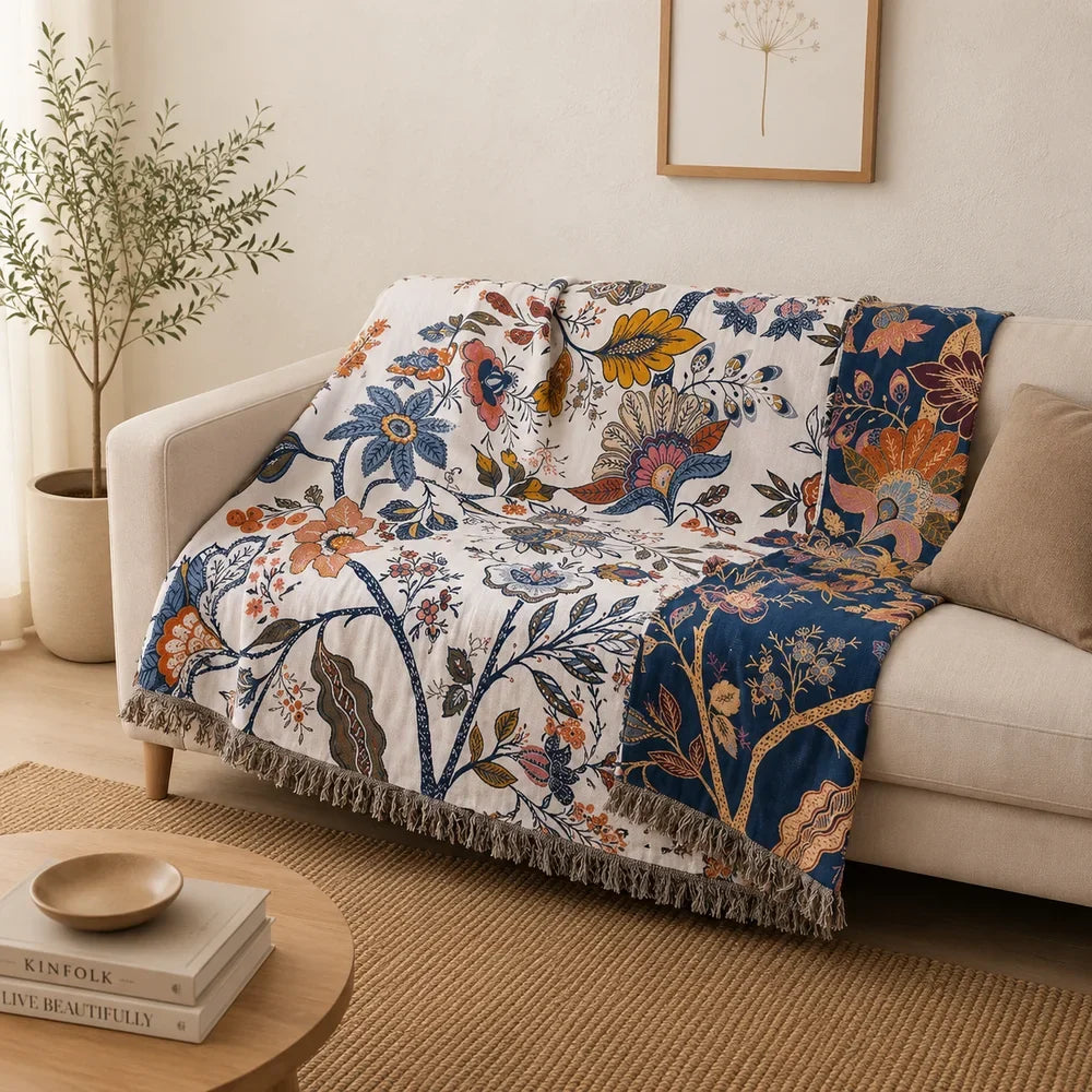 Floral Cotton Throw Blanket – Reversible Jacquard with Tassels