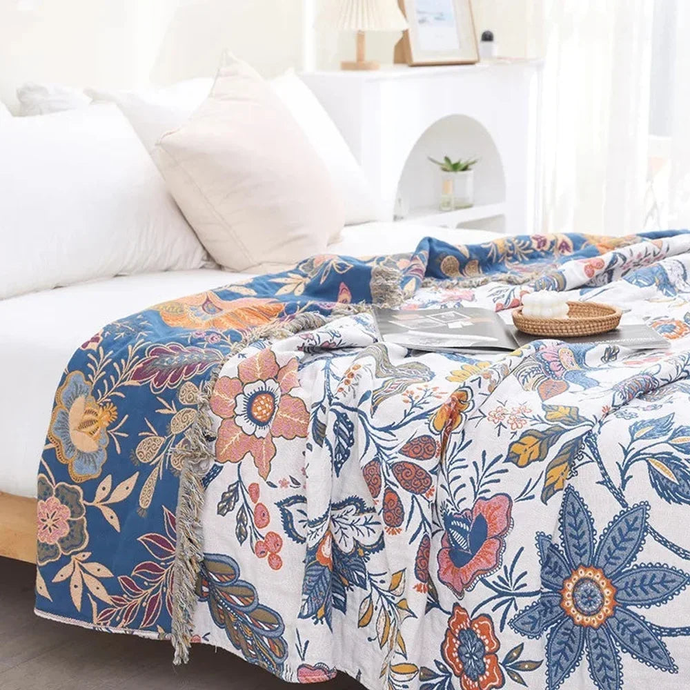 Floral Cotton Throw Blanket – Reversible Jacquard with Tassels