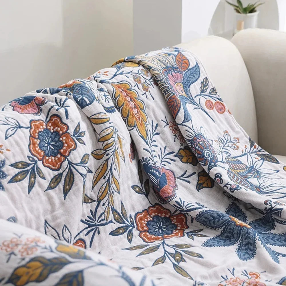 Floral Cotton Throw Blanket – Reversible Jacquard with Tassels