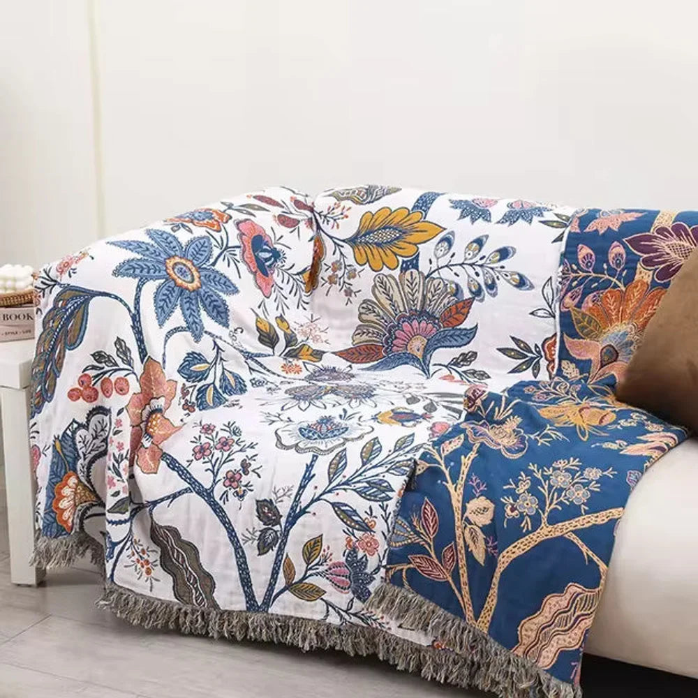 Floral Cotton Throw Blanket – Reversible Jacquard with Tassels