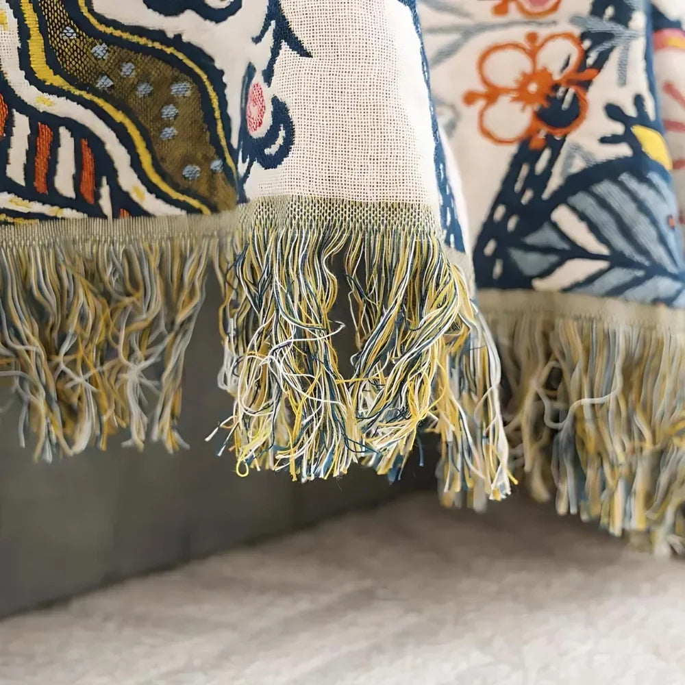 Floral Cotton Throw Blanket – Reversible Jacquard with Tassels