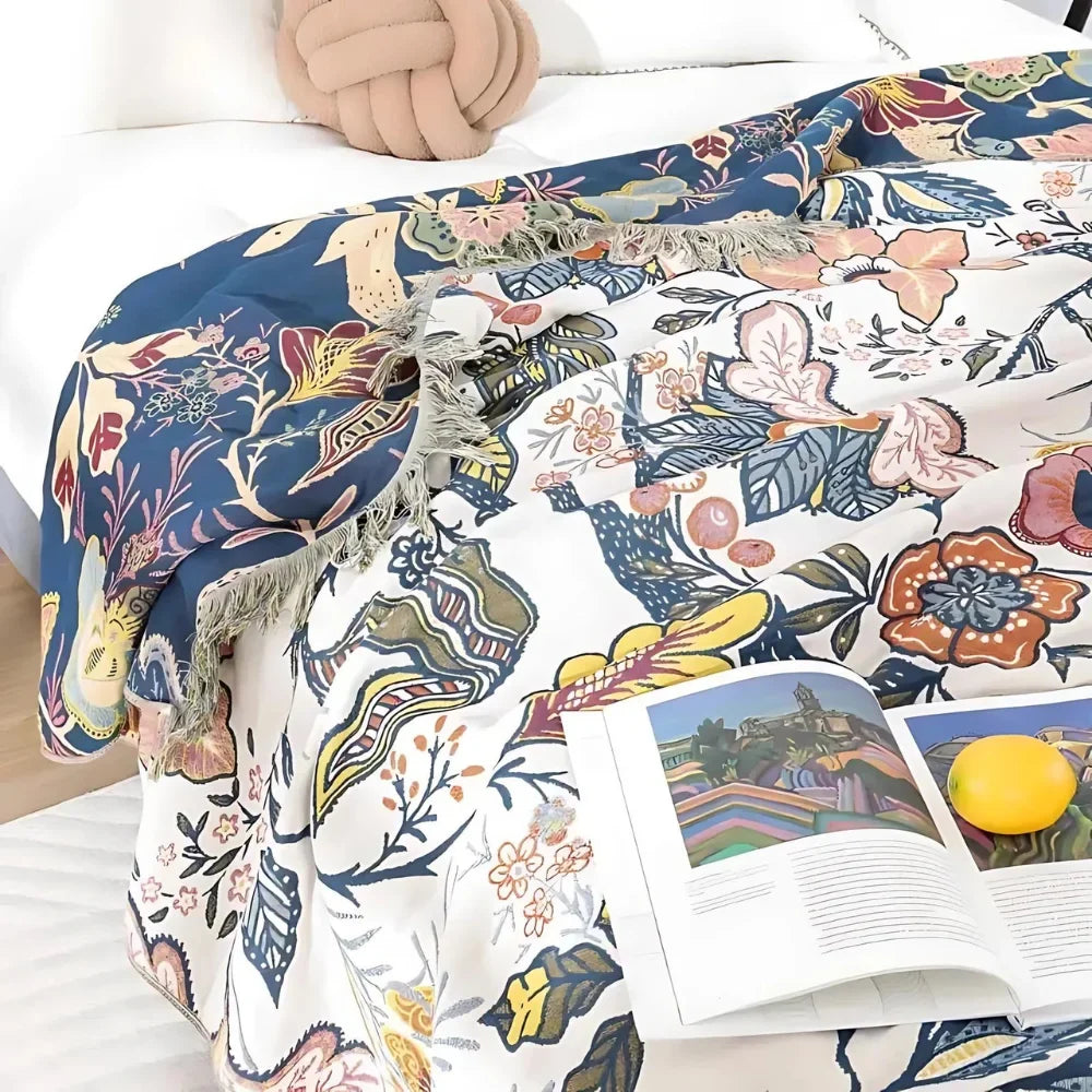 Floral Cotton Throw Blanket – Reversible Jacquard with Tassels