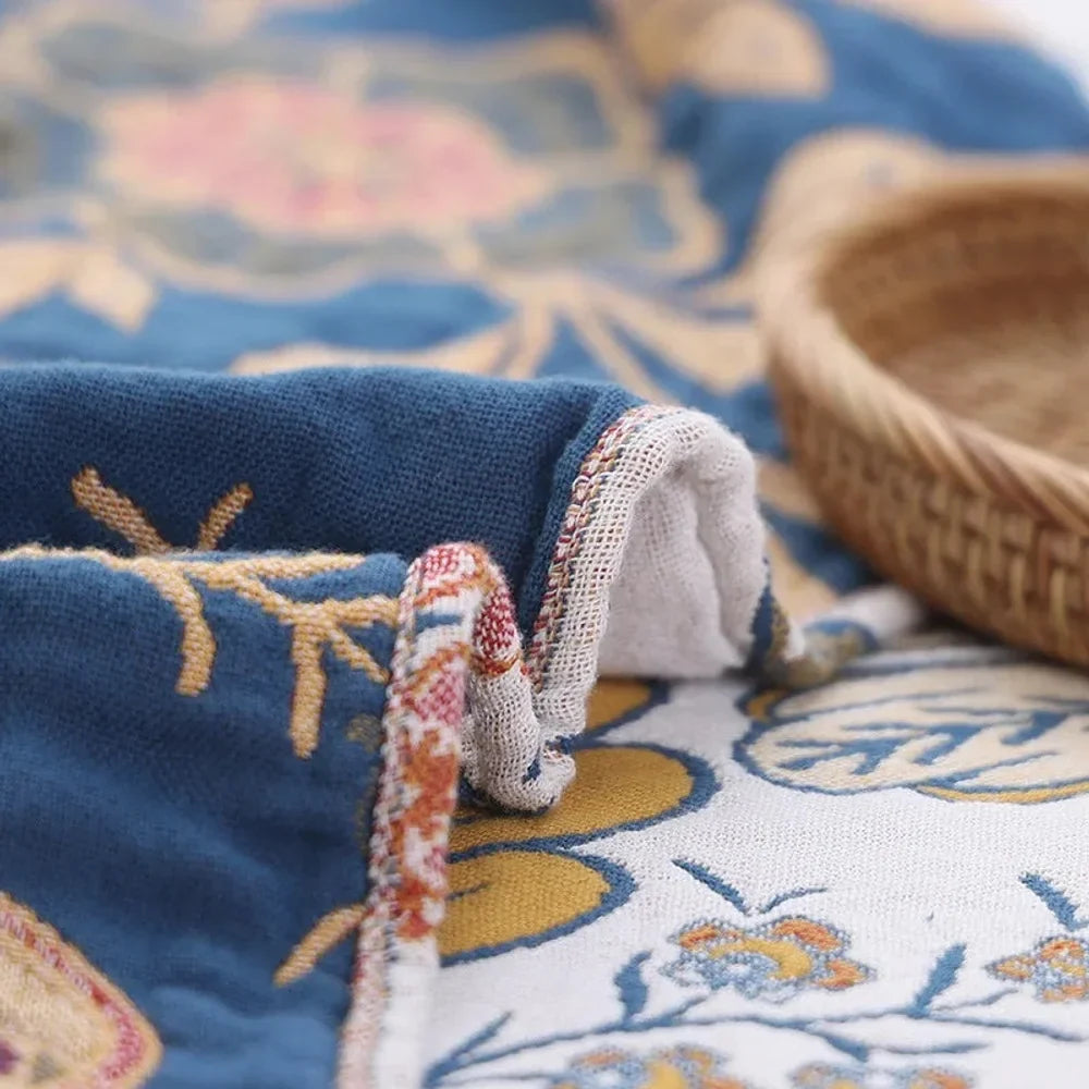 Floral Cotton Throw Blanket – Reversible Jacquard with Tassels
