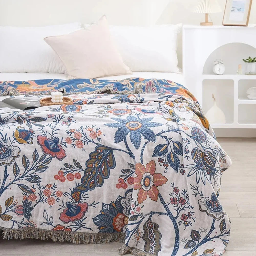 Floral Cotton Throw Blanket – Reversible Jacquard with Tassels