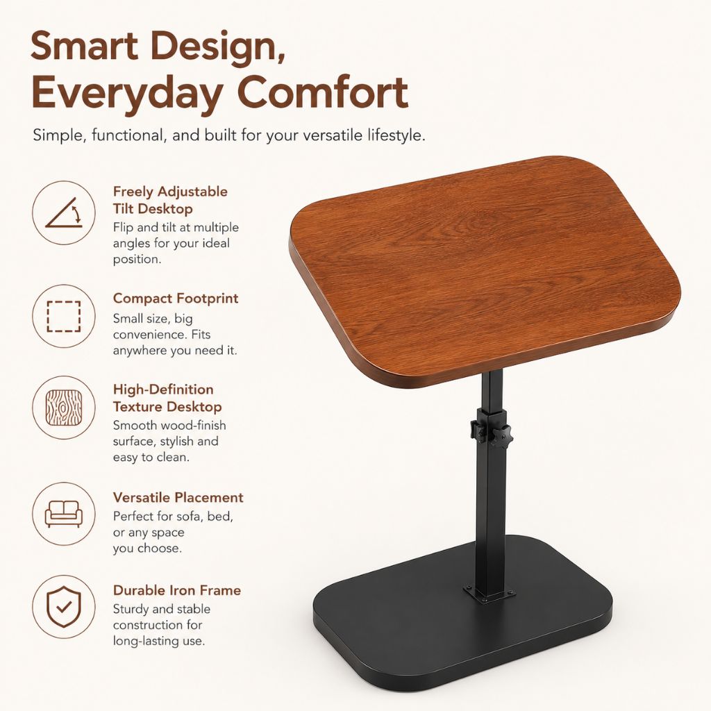 Foldable Laptop Desk Adjustable Tilt Bedside Table Small Space