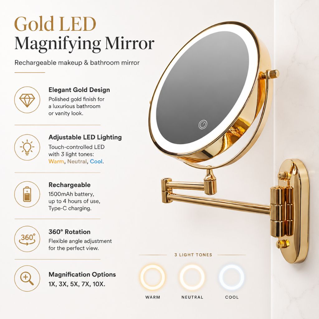 Gold LED Magnifying Mirror – Rechargeable Perfect for Makeup & Bathroom