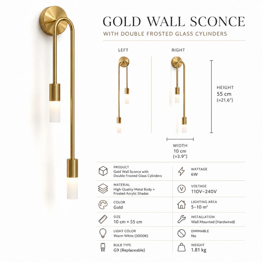 Gold Wall Sconce with Double Frosted Glass Cylinders