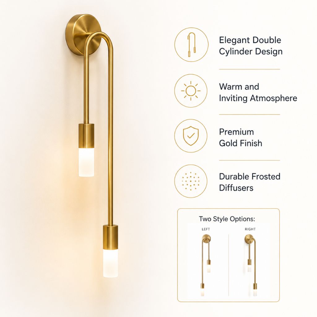 Gold Wall Sconce with Double Frosted Glass Cylinders