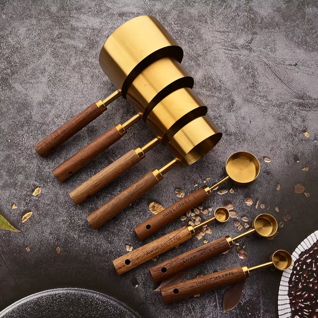 Golden & Wood Measuring Cups and Spoons Set