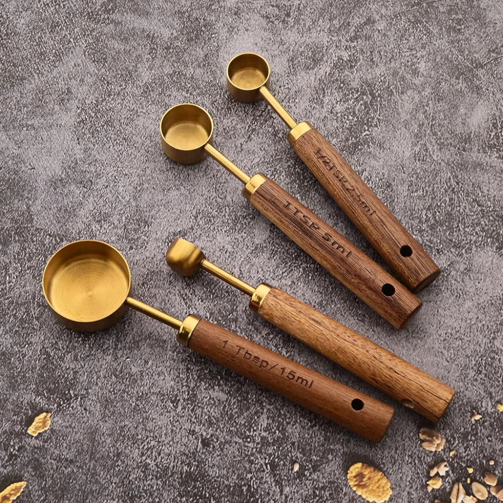 Golden & Wood Measuring Cups and Spoons Set