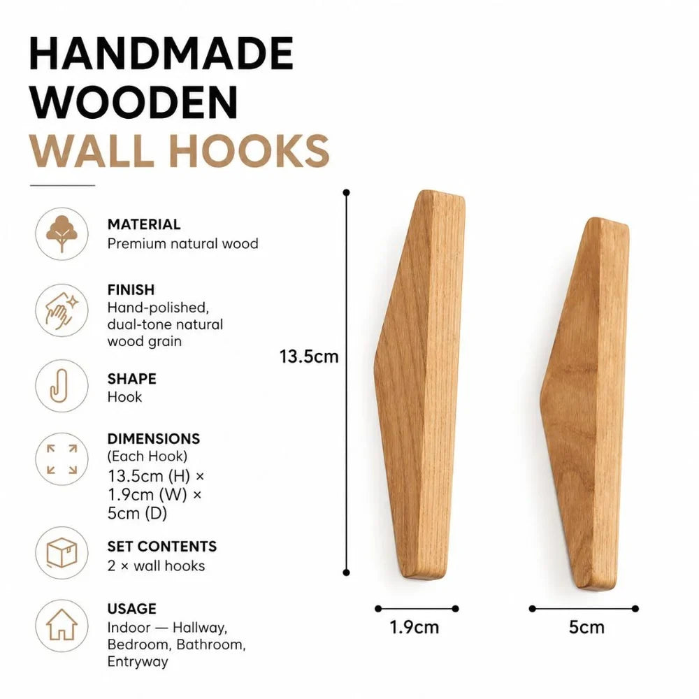 Handmade Wooden Wall Hooks - Set of 4 Boho Natural Wood