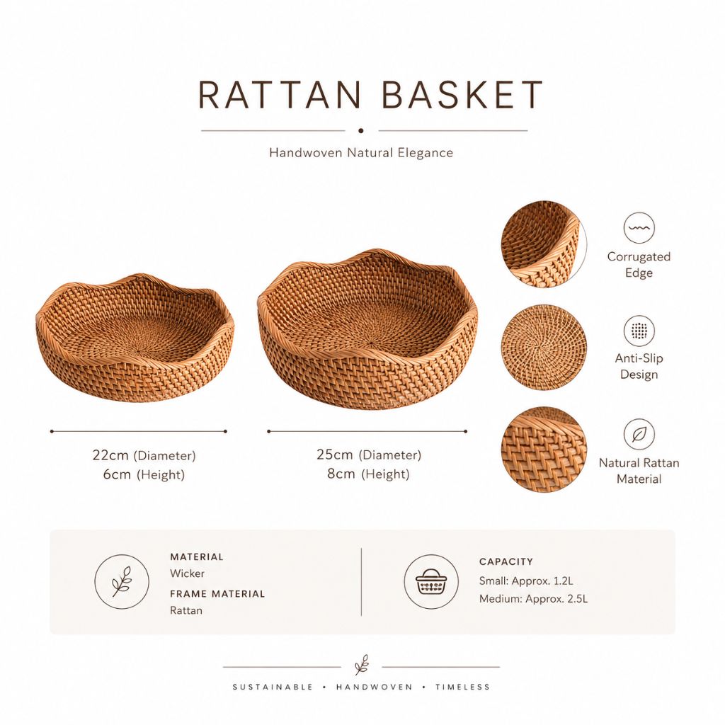 Handwoven Rattan Storage Basket for Bread and Fruit