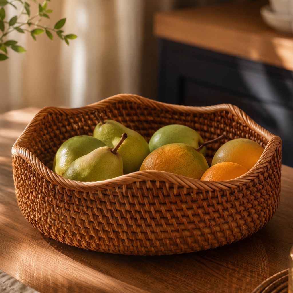 Handwoven Rattan Storage Basket for Bread and Fruit