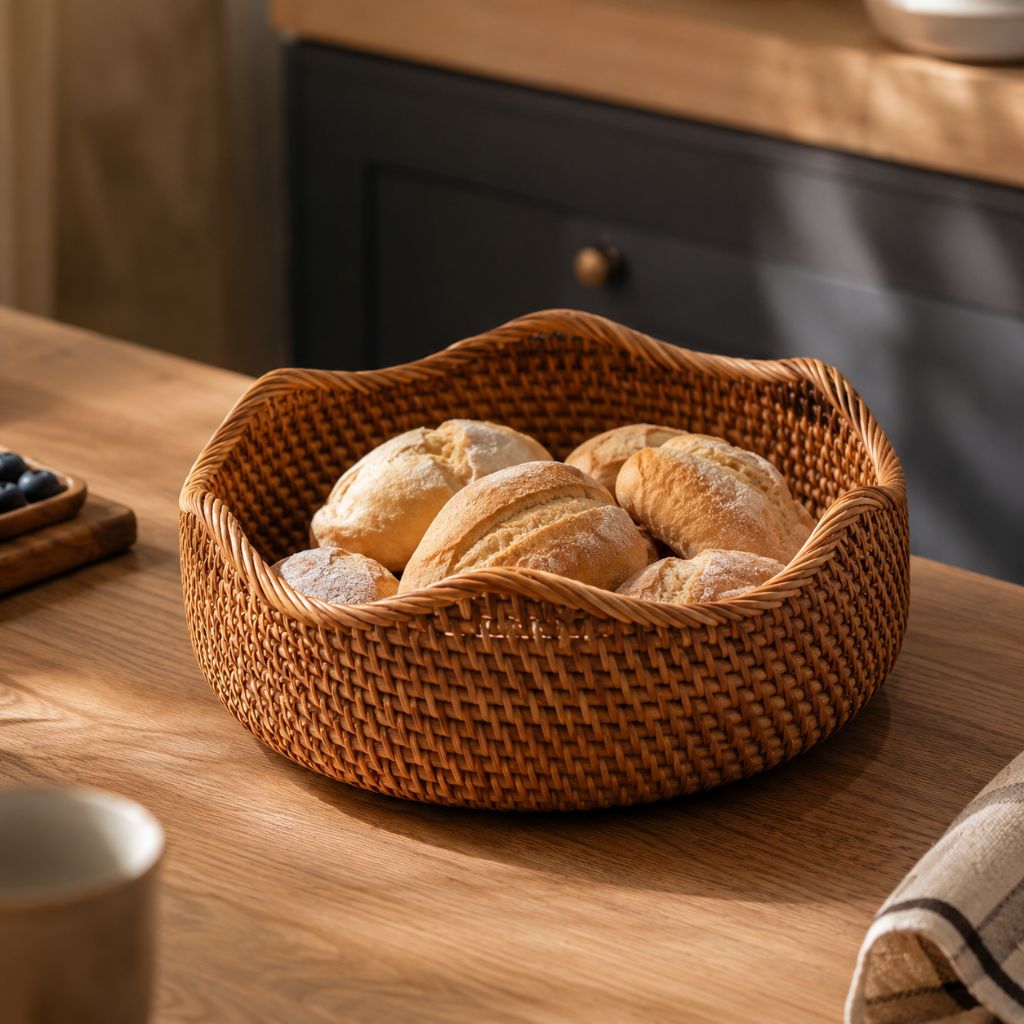 Handwoven Rattan Storage Basket for Bread and Fruit