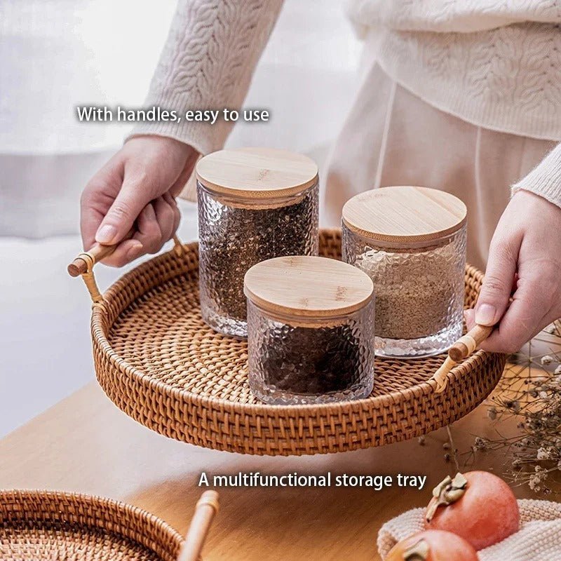 Handwoven Rattan Storage Tray with Wooden Handle