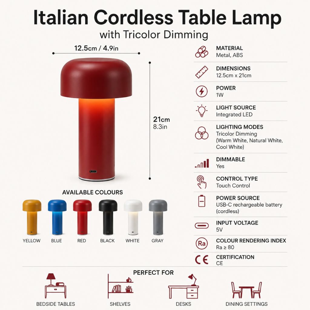 Italian Cordless Table Lamp with Tricolor Dimming