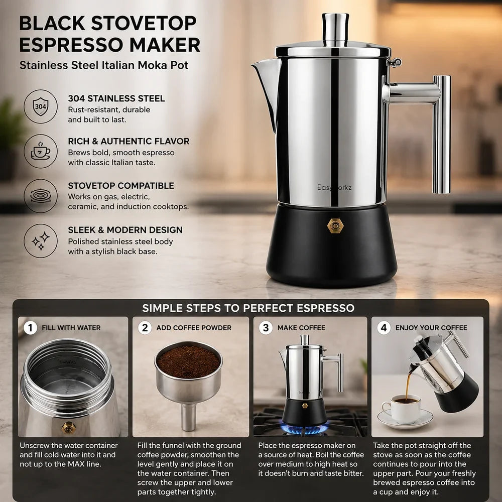 Italian Moka Pot - Stainless Steel with Black Base Design