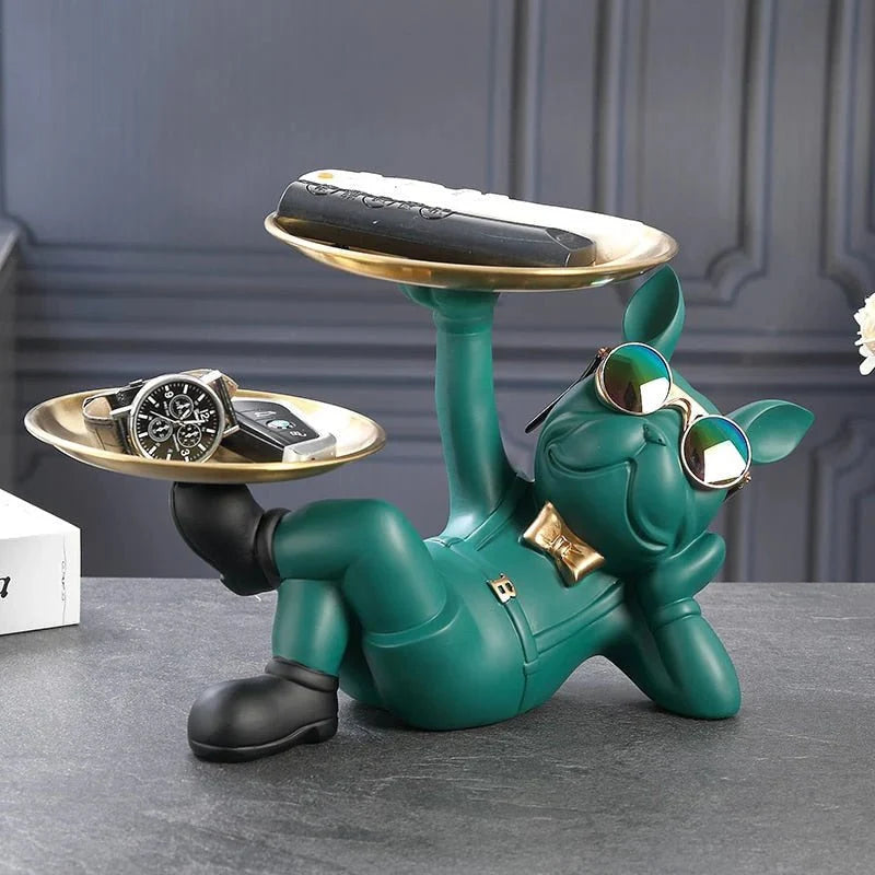 Lazy Bulldog Sculpture with Double Tray