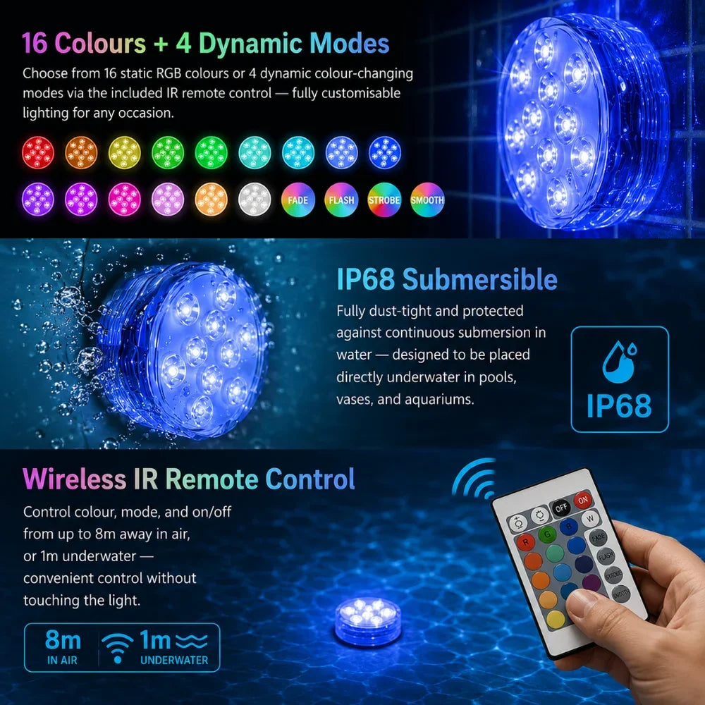 LED Submersible Pool Light RGB IP68 Remote Control - Suction Cup Mount