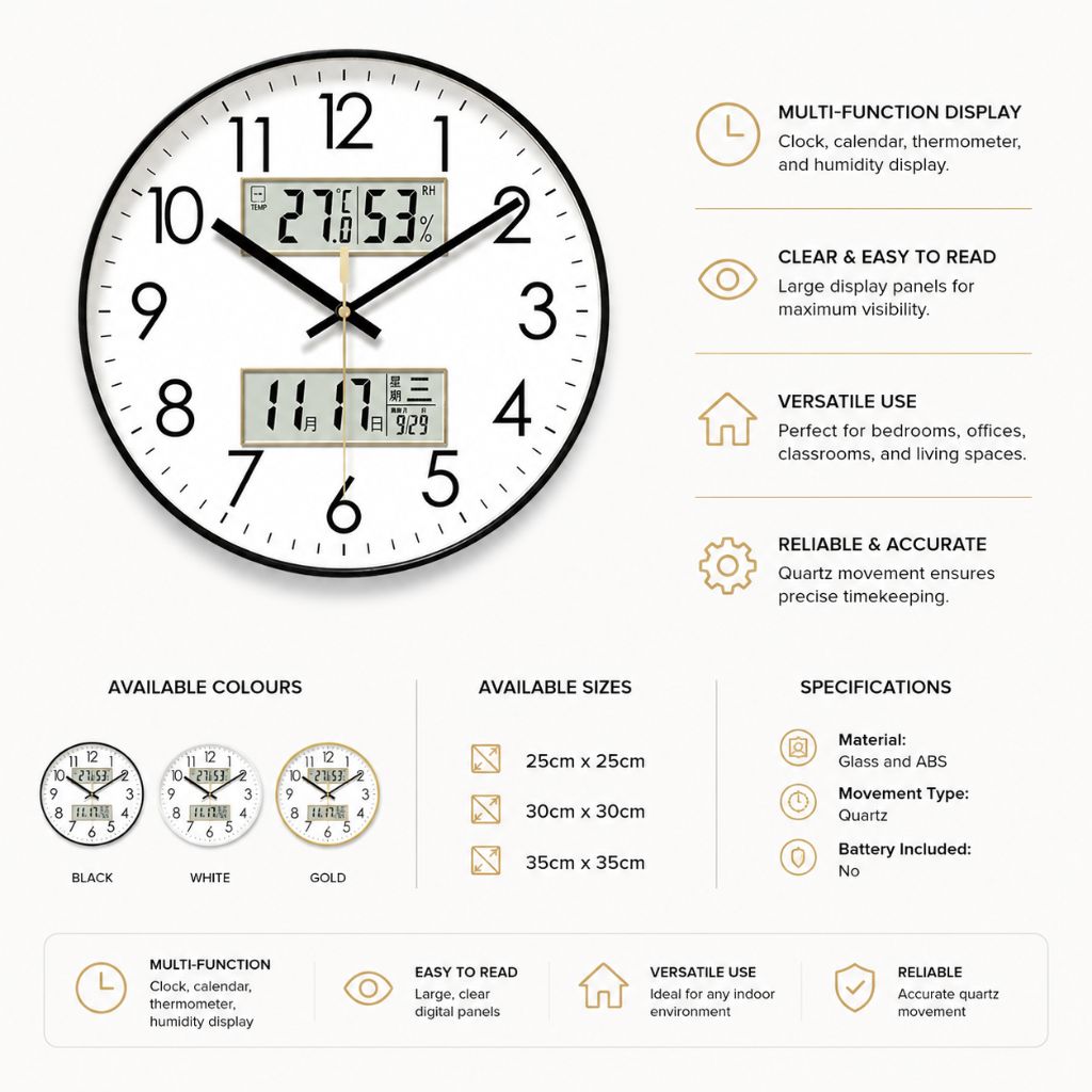 MetroSense 3-in-1 Quiet Wall Clock with Calendar & Thermometer