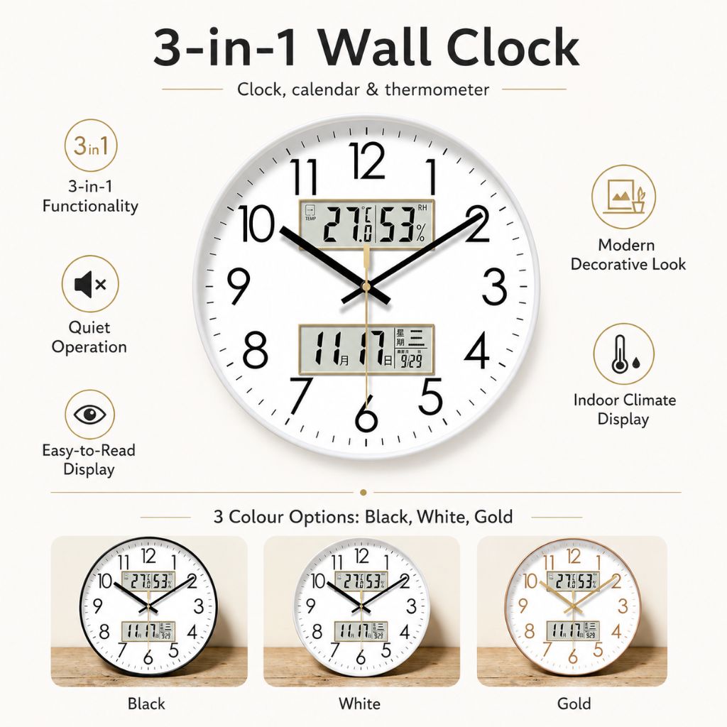 MetroSense 3-in-1 Quiet Wall Clock with Calendar & Thermometer
