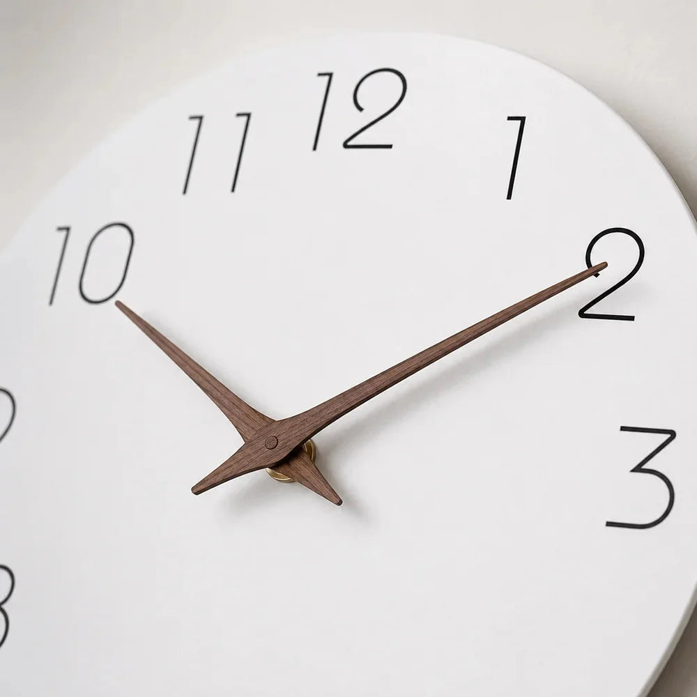 Minimalist Black and White Nordic Wall Clock with Wooden Hands