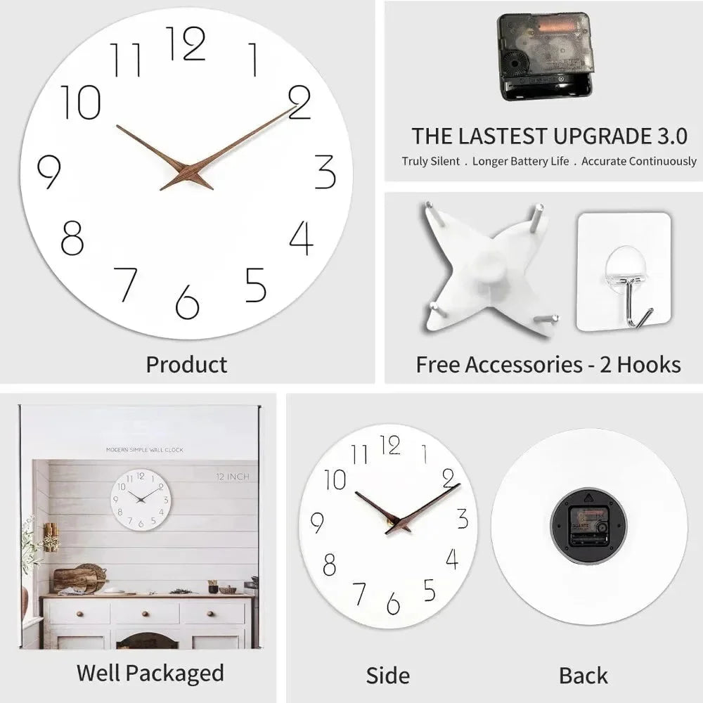 Minimalist Black and White Nordic Wall Clock with Wooden Hands