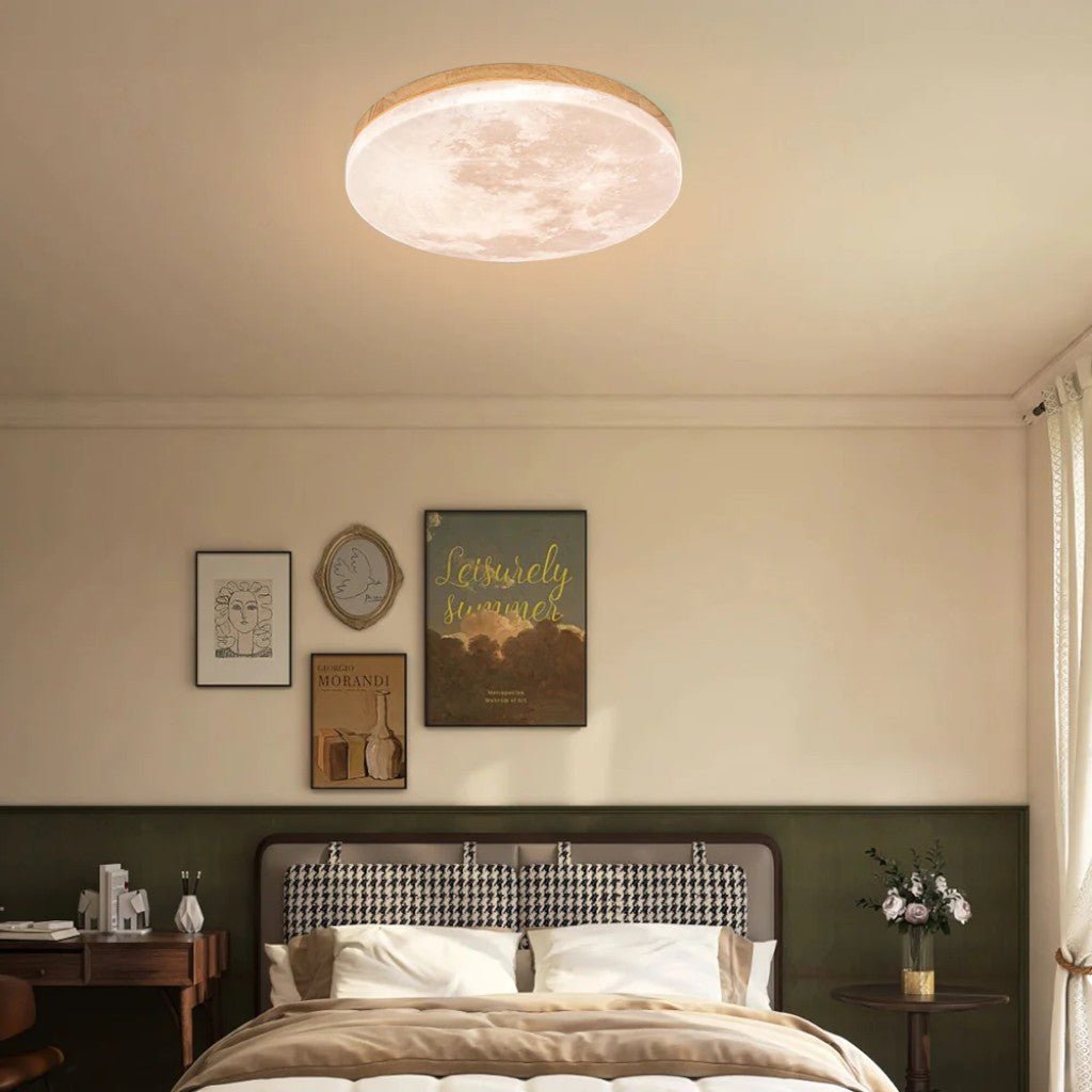 Modern Moon Ceiling Light with Wood Edge