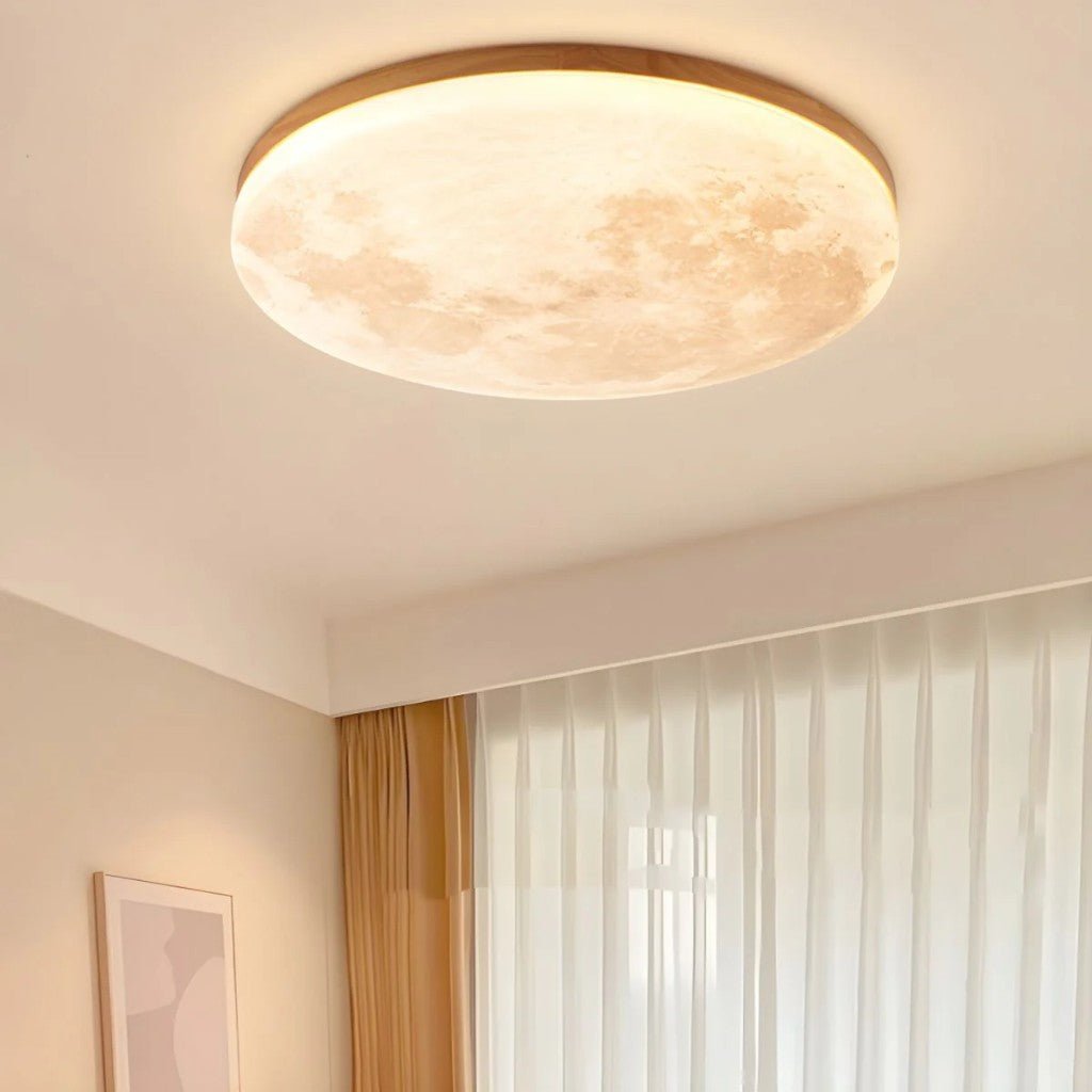 Modern Moon Ceiling Light with Wood Edge