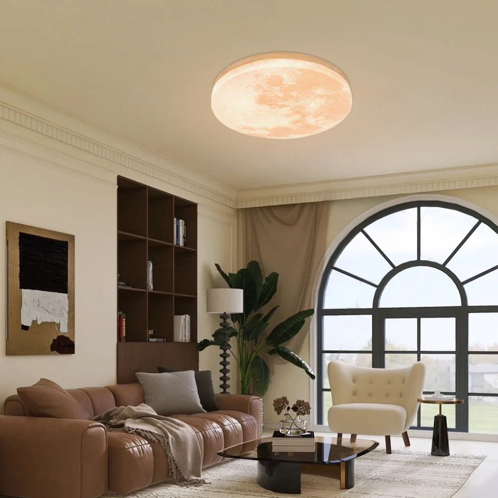 Modern Moon Ceiling Light with Wood Edge