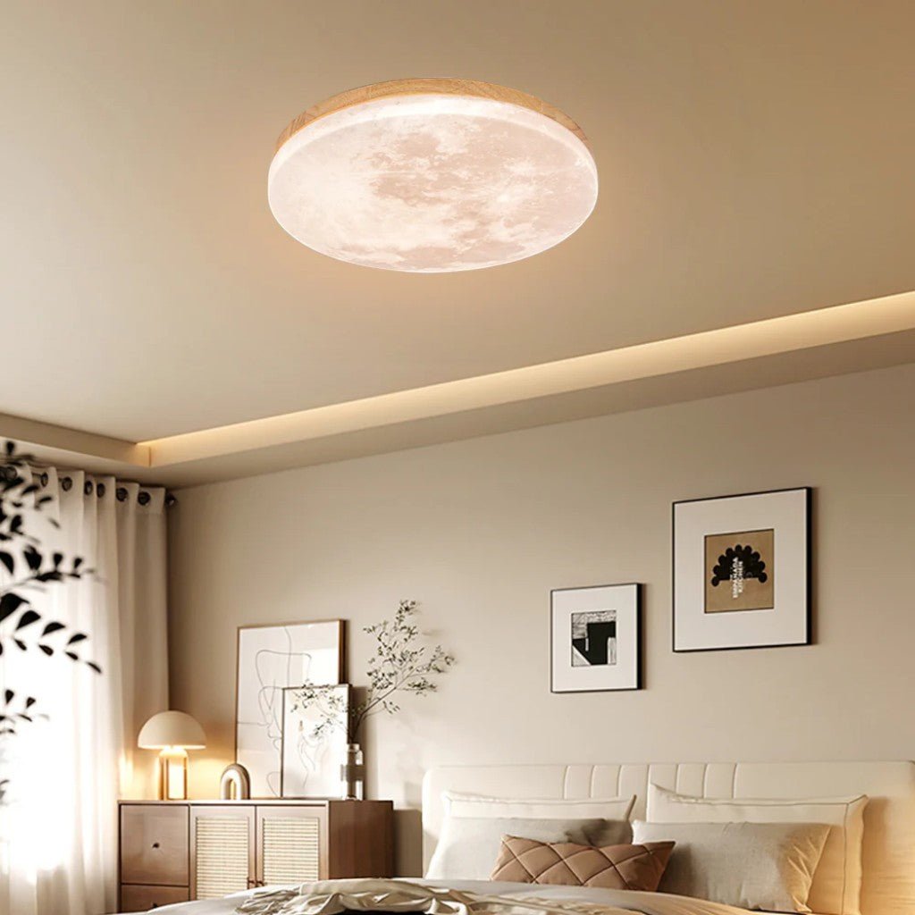 Modern Moon Ceiling Light with Wood Edge