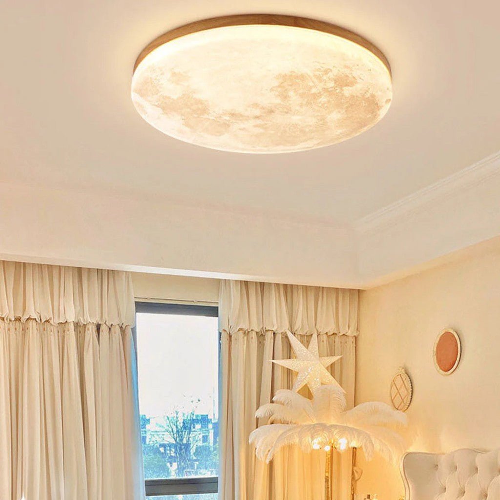 Modern Moon Ceiling Light with Wood Edge