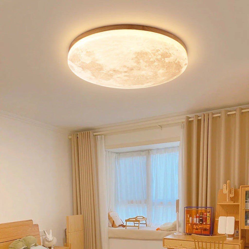 Modern Moon Ceiling Light with Wood Edge