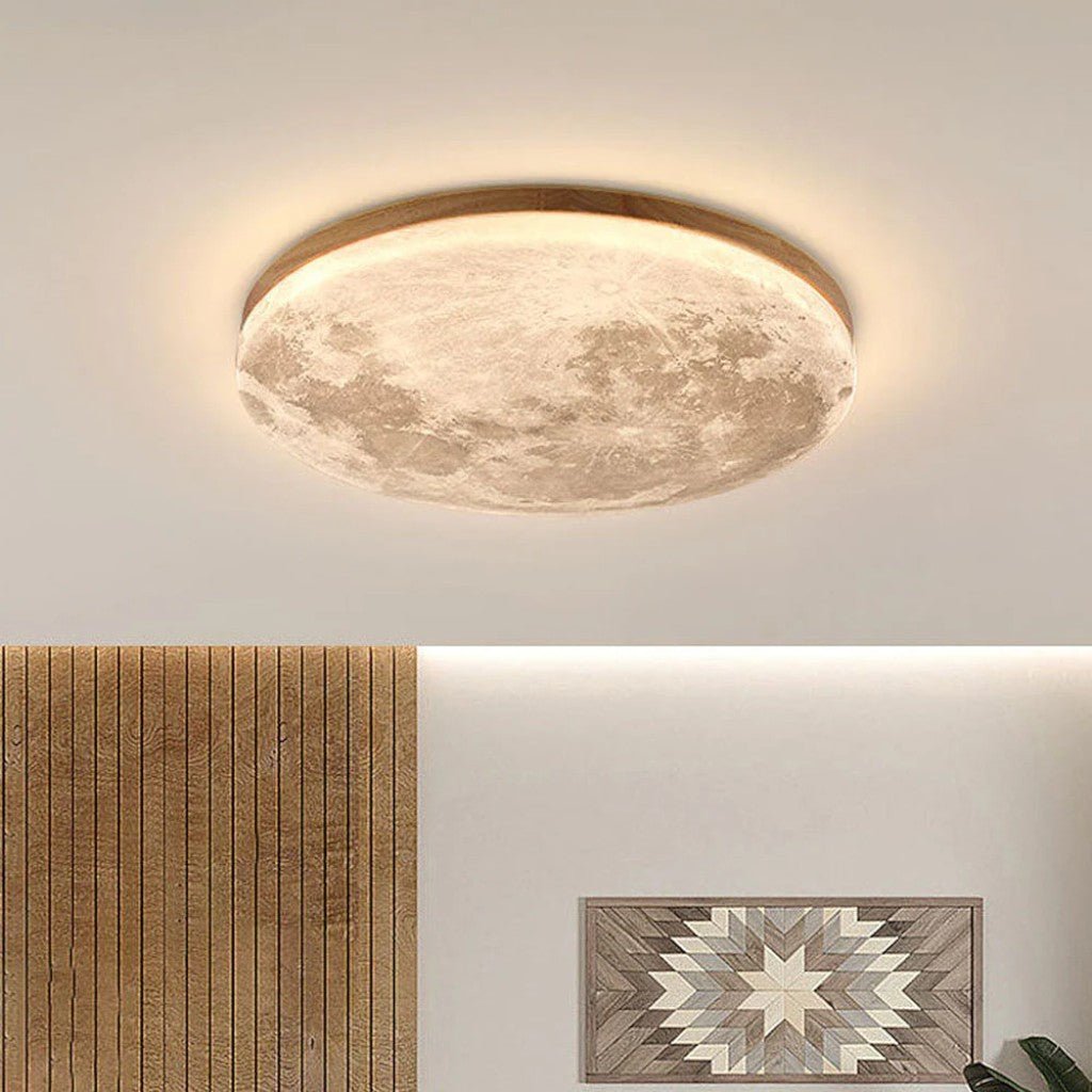 Modern Moon Ceiling Light with Wood Edge