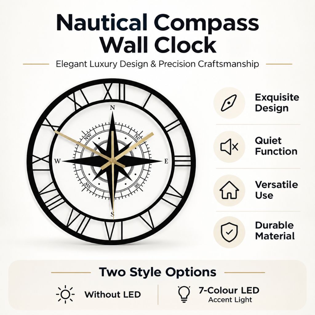 Nautical Compass Wall Clock – Elegant Luxury Design & Precision Craftsmanship