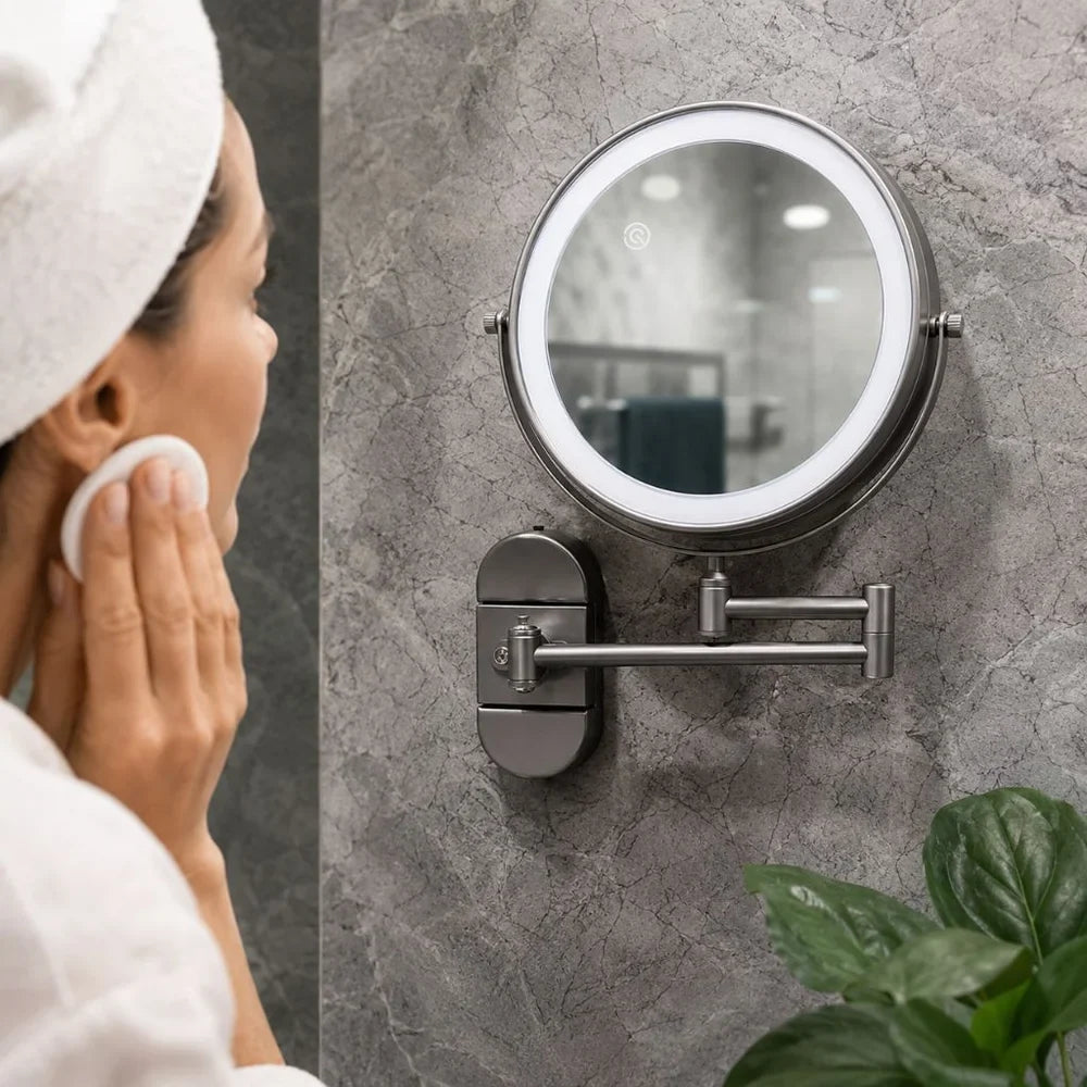 No-Drill Suction Cup Makeup Mirror LED Light with Folding Arm