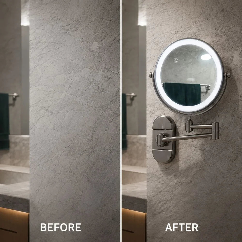 No-Drill Suction Cup Makeup Mirror LED Light with Folding Arm