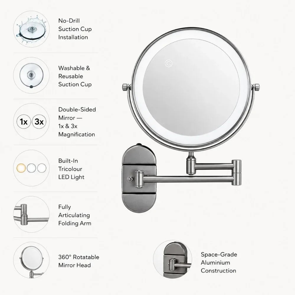 No-Drill Suction Cup Makeup Mirror LED Light with Folding Arm