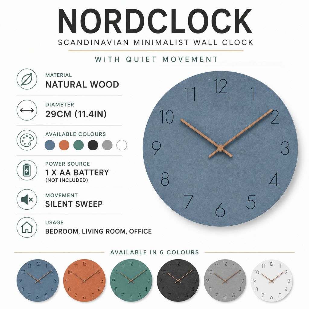 NordClock - Scandinavian Minimalist Wall Clock with Quiet Movement
