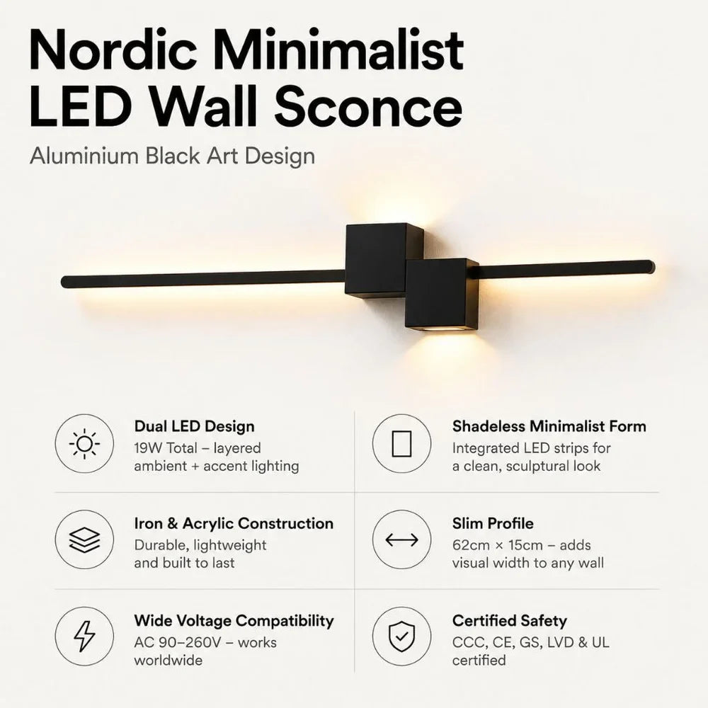 Nordic Minimalist LED Wall Sconce Aluminium Black Art Design